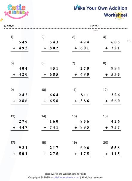 Generate Addition Worksheets for Kids