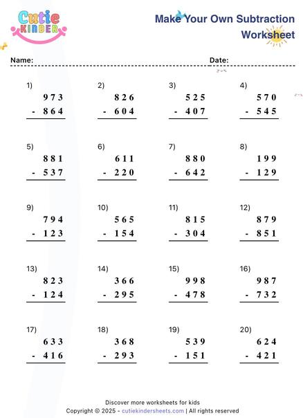 Generate Subtraction Worksheets for Kids