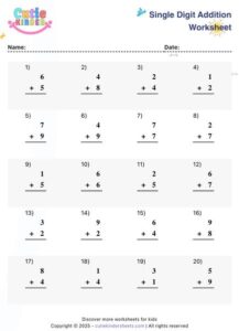 single digit addition worksheet printable