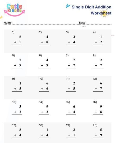 single digit addition worksheet printable