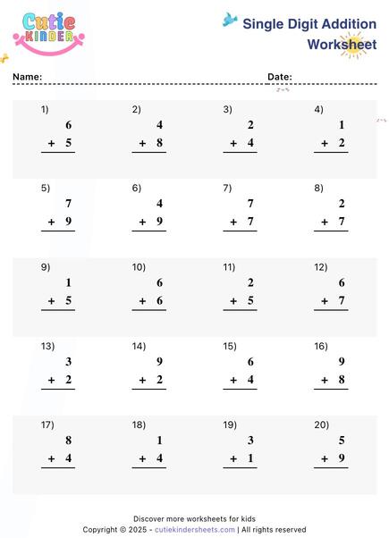 single digit addition worksheet printable