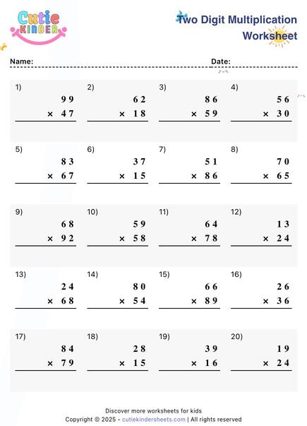 2 Digit Multiplication Worksheet