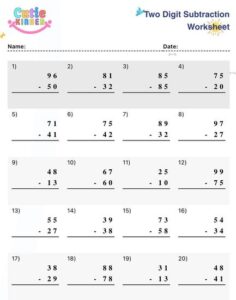 2 Digit Subtraction Worksheet