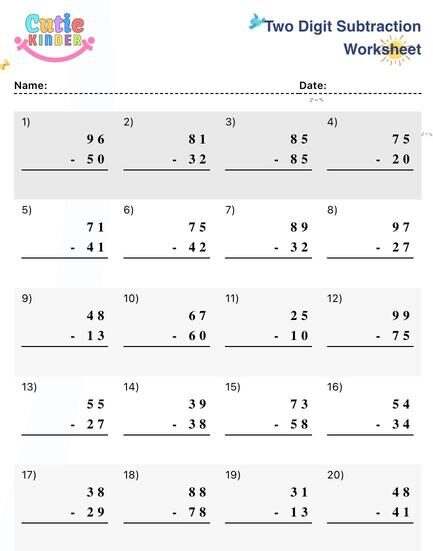 2 Digit Subtraction Worksheet