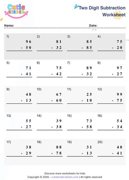 2 Digit Subtraction Worksheet