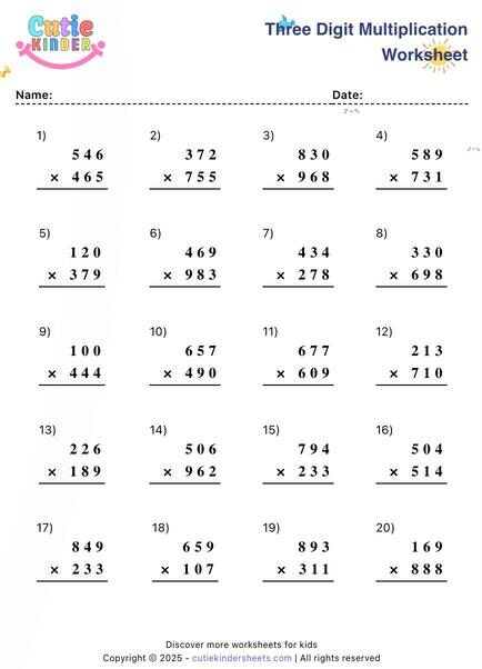 3 Digit Multiplication Worksheet For Grade 2