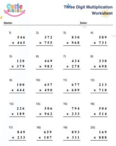 3 Digit Multiplication Worksheet For Grade 2