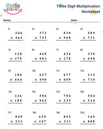 3 Digit Multiplication Worksheet For Grade 2