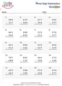 3 Digit Subtraction Worksheet