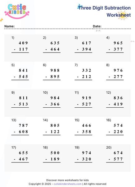 3 Digit Subtraction Worksheet