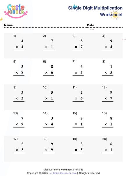 Single Digit Multiplication Worksheet