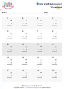 Single Digit Subtraction Worksheet