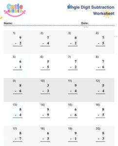 Single Digit Subtraction Worksheet