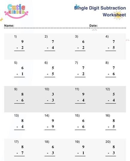 Single Digit Subtraction Worksheet