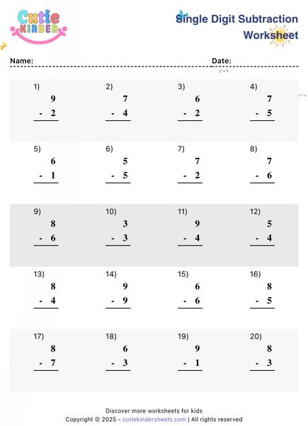 Single Digit Subtraction Worksheet