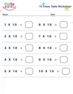 10 Times Table Worksheet