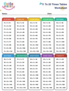 11 To 20 Times Tables Worksheet