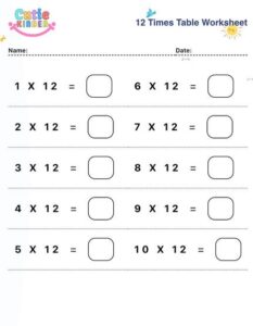 12 Times Table Worksheet