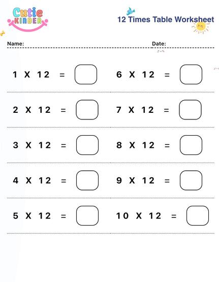 12 Times Table Worksheet