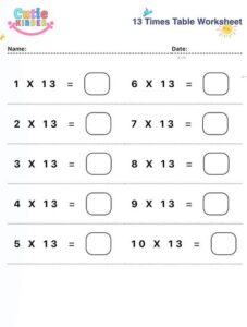 13 Times Table Worksheet