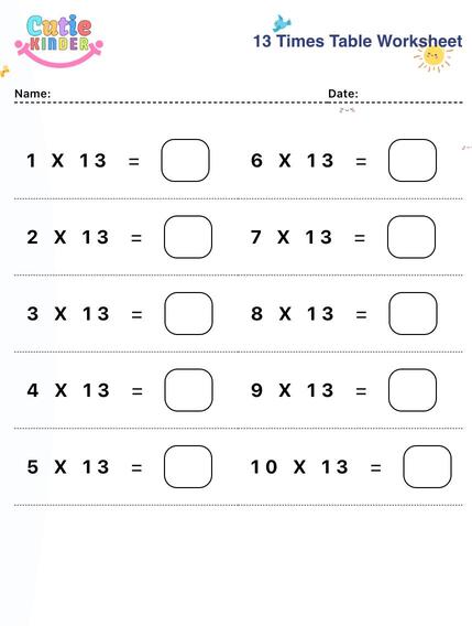13 Times Table Worksheet