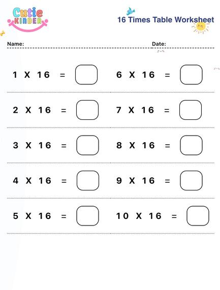 16 Times Table Worksheet