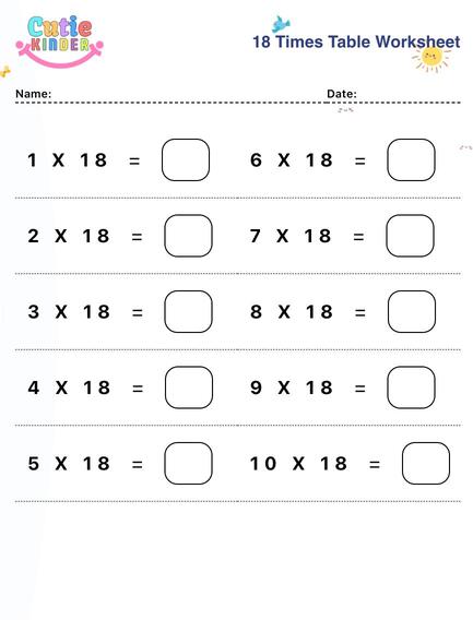18 Times Table Worksheet