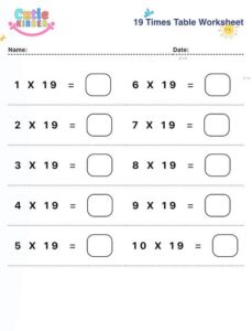 19 Times Table Worksheet