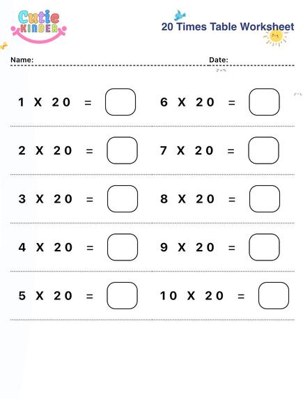 20 Times Table Worksheet