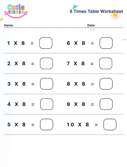 8 Times Table Worksheet