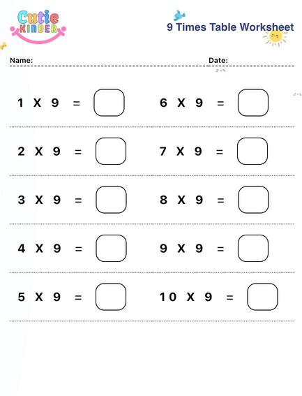 9 Times Table Worksheet